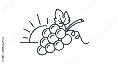 Grapes and Sunrise Icon: Organic Farming, Viticulture, Healthy Food, Agriculture Concept