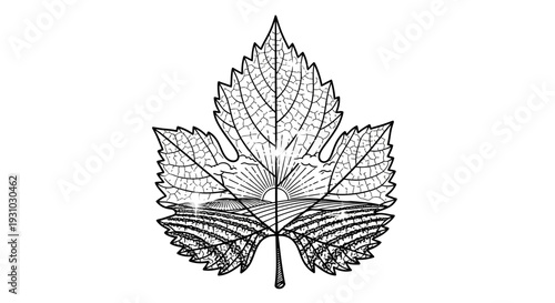 Grape Leaf Silhouette with Vineyard Sunrise Landscape Inside - Vintage Style
