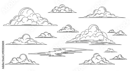 Hand Drawn Clouds Sketch, Cumulus Sky Elements, Vintage Weather Icons
