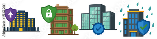  COMPANY - Office building protected by a shield  Flat Vector Illustration on Transparent Background