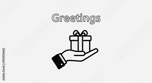 Hand holding a gift box with "Greetings" text above, symbolizing celebration and giving