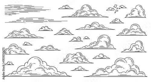 Hand-drawn clouds sketch, vintage sky elements, weather icons, graphic design resources