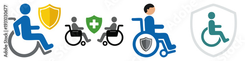  DISABILITY - Person in a wheelchair with a shield icon  Flat Vector Illustration on Transparent Background