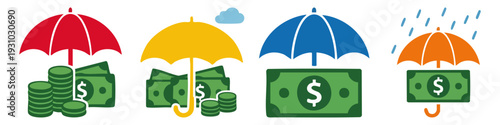  FINANCE - Dollar banknote under a protective umbrella  Flat Vector Illustration on Transparent Background
