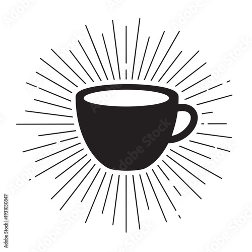 Retro coffee cup icon, radiating sunburst lines. Ideal for café logo, hot drinks branding.
