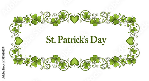 Shamrock or Leaf clover border with hearts shape, stars and sparkles on transparent background. Lucky charms curl shape. St. Patricks Day shamrock pattern. Vector banner