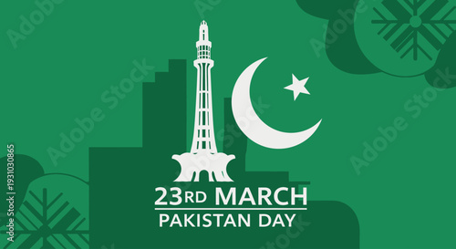 23rd March Pakistan Day Creative Illustration Green Background Template. Pakistan Day Vector Illustration. Suitable for greeting card, poster and banner. Pakistan Resolution Day or Republic Day,