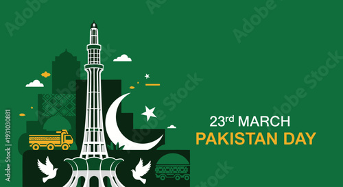 23rd March Pakistan Day Creative Illustration Green Background Template. Pakistan Day Vector Illustration. Suitable for greeting card, poster and banner. Pakistan Resolution Day or Republic Day,