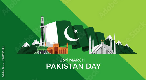 23rd March Pakistan Day Creative Illustration Green Background Template. Pakistan Day Vector Illustration. Suitable for greeting card, poster and banner. Pakistan Resolution Day or Republic Day,