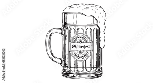 Vintage Oktoberfest beer mug illustration with overflowing foam. Hand-drawn traditional German festival celebration drink artwork.
