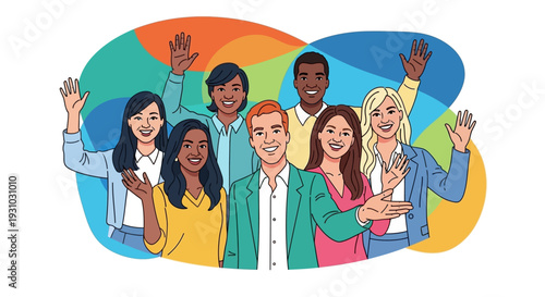 A group of happy people standing together Waving and inviting new customers Colleagues multi-ethnic team concept happy welcome newcomer. Colorful vector illustration