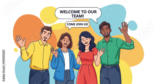 A group of happy people standing together Waving and inviting new customers Colleagues multi-ethnic team concept happy welcome newcomer. Colorful vector illustration