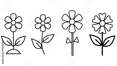 Set of four simple flower illustrations with varying petal counts and leaf shapes displayed together
