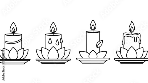 Four candles on lotus flowers with different melting states, simple line art style, white background, viewed from the front