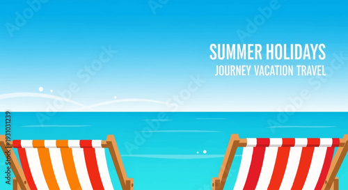 Abstract minimal summer horizontal poster, cover, banner, card with bright sea, blue sky and striped beach chairs. Summer holidays, journey, vacation travel illustration. Promo ads design template