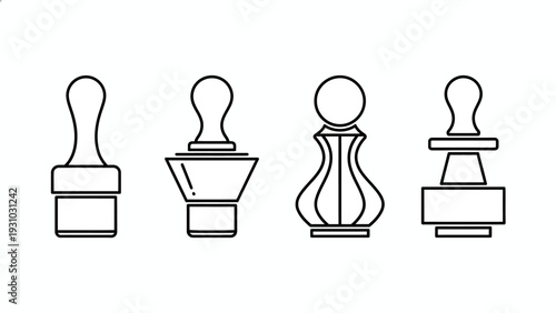 Vector illustrations of four distinct rubber stamp designs displayed in a row on a clean white background from a front viewpoint