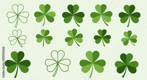 Flat shamrock icons set. Clover three and four leaves logo. Green floral symbol. St Patrick Day decoration for greeting card. Irish tradition motif, ornament element. Vector illustration EPS 10