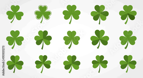  Flat shamrock icons set. Clover three and four leaves logo. Green floral symbol. St Patrick Day decoration for greeting card. Irish tradition motif, ornament element. Vector illustration EPS 10