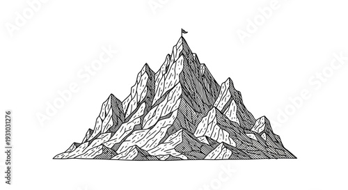 Drawn Mountain Peak With Flag - Symbol of Success, Achievement, and Goal Reached