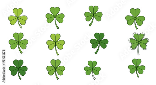  Flat shamrock icons set. Clover three and four leaves logo. Green floral symbol. St Patrick Day decoration for greeting card. Irish tradition motif, ornament element. Vector illustration EPS 10