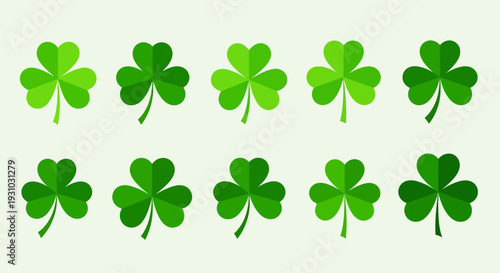  Flat shamrock icons set. Clover three and four leaves logo. Green floral symbol. St Patrick Day decoration for greeting card. Irish tradition motif, ornament element. Vector illustration EPS 10