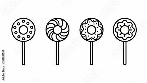 Four assorted lollipops with unique designs on sticks, depicted in a simple line art style from a straightforward front viewpoint.