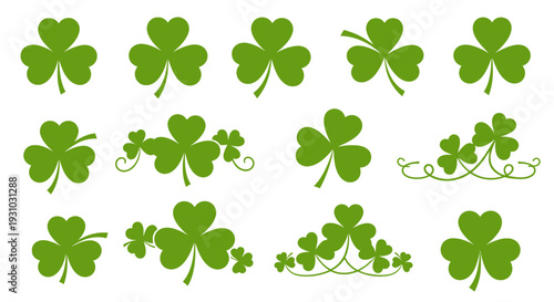  Flat shamrock icons set. Clover three and four leaves logo. Green floral symbol. St Patrick Day decoration for greeting card. Irish tradition motif, ornament element. Vector illustration EPS 10