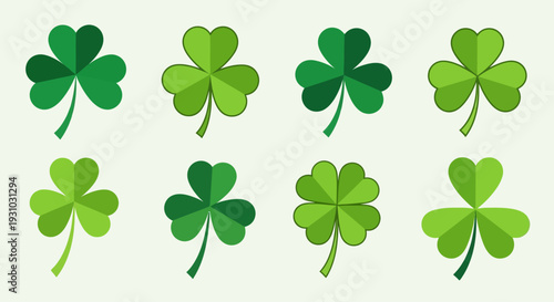  Flat shamrock icons set. Clover three and four leaves logo. Green floral symbol. St Patrick Day decoration for greeting card. Irish tradition motif, ornament element. Vector illustration EPS 10