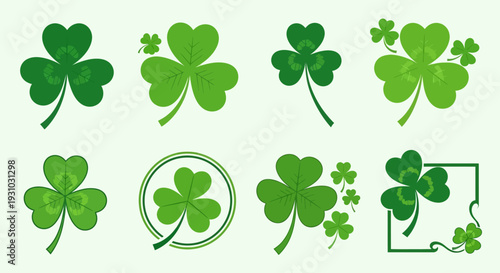  Flat shamrock icons set. Clover three and four leaves logo. Green floral symbol. St Patrick Day decoration for greeting card. Irish tradition motif, ornament element. Vector illustration EPS 10