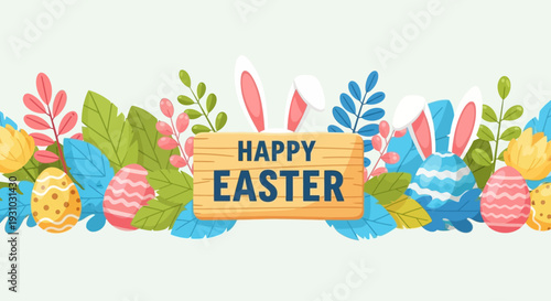 Happy Easter seamless border vector background. Greeting banner with easter eggs, bunny ears, spring plants, leaves.