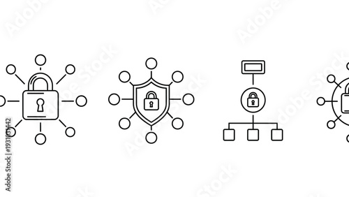 Security icons collection featuring padlock and shield symbols in a minimalist design style, conveying protection and safety concepts.