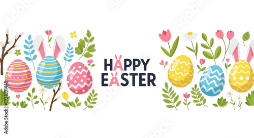 Happy Easter seamless border vector background. Greeting banner with easter eggs, bunny ears, spring plants, leaves.