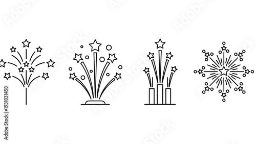 Fireworks exploding into stars and circles in various vector illustrations on a clean white background