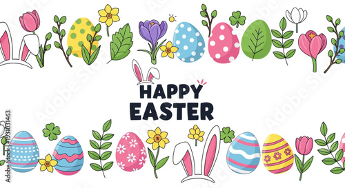 Happy Easter seamless border vector background. Greeting banner with easter eggs, bunny ears, spring plants, leaves.