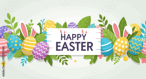 Happy Easter seamless border vector background. Greeting banner with easter eggs, bunny ears, spring plants, leaves.