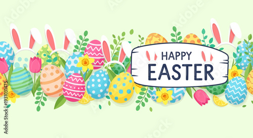 Happy Easter seamless border vector background. Greeting banner with easter eggs, bunny ears, spring plants, leaves.