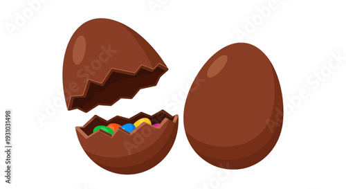 Open broken chocolate Easter egg isolated on white background with clipping path