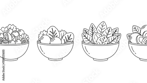 Vector illustration of four bowls with different salad arrangements viewed from the front