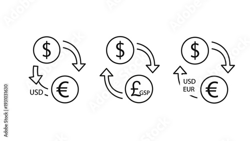 Currency exchange illustration showing USD, EUR, and GBP conversion cycles from a global perspective