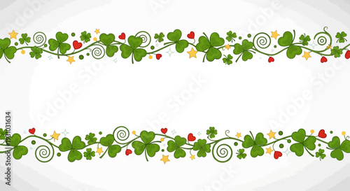 Shamrock or Leaf clover border with hearts shape, stars and sparkles on transparent background. Lucky charms curl shape. St. Patricks Day shamrock pattern. Vector banner