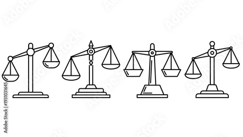 Four scales of justice in various states of balance, depicted in a minimalist line art style, viewed from a straightforward perspective, referencing image (1218).ai
