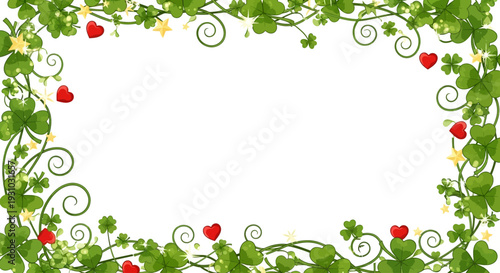 Shamrock or Leaf clover border with hearts shape, stars and sparkles on transparent background. Lucky charms curl shape. St. Patricks Day shamrock pattern. Vector banner