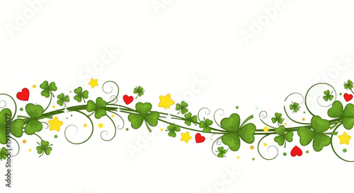 Shamrock or Leaf clover border with hearts shape, stars and sparkles on transparent background. Lucky charms curl shape. St. Patricks Day shamrock pattern. Vector banner