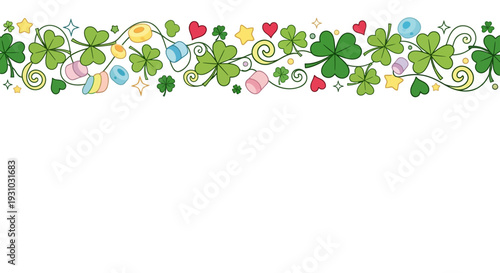 Shamrock or Leaf clover border with hearts shape, stars and sparkles on transparent background. Lucky charms curl shape. St. Patricks Day shamrock pattern. Vector banner
