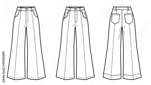 Fashion illustration of wide-leg pants with pockets and belt, showcasing various views of the garment design and style.