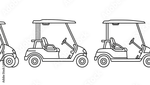 Set of golf carts in various views, showcasing vehicle design and features from different angles, illustrated in a clean line art style
