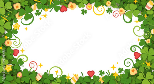 Shamrock or Leaf clover border with hearts shape, stars and sparkles on transparent background. Lucky charms curl shape. St. Patricks Day shamrock pattern. Vector banner