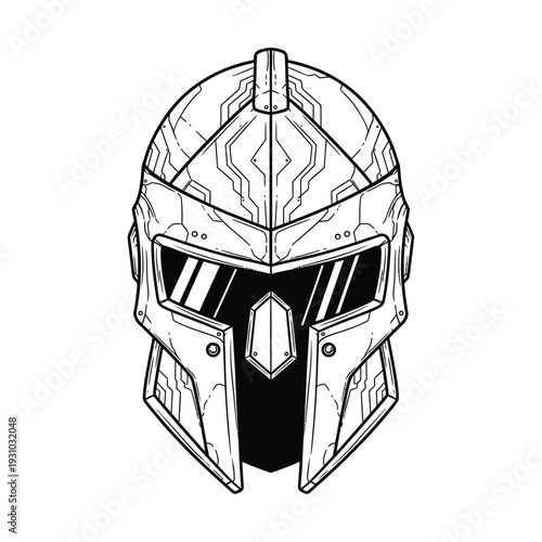Futuristic Warrior Helmet Line Art Outline. Sci-Fi Armor Illustration in Black and White.