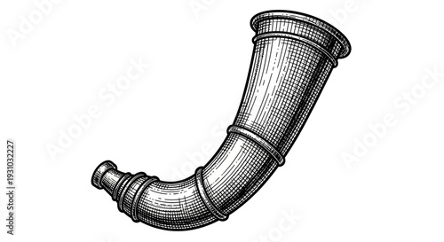 Vintage Hunting Horn, Old Musical Instrument, Engraved Style, Isolated on White