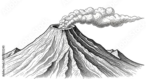 Vintage Engraving of an Erupting Volcano with Smoke Plume